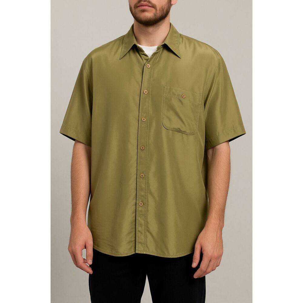 Ivanhoe 100% Silk Olive Green Short Sleeve Button Shirt Mens M